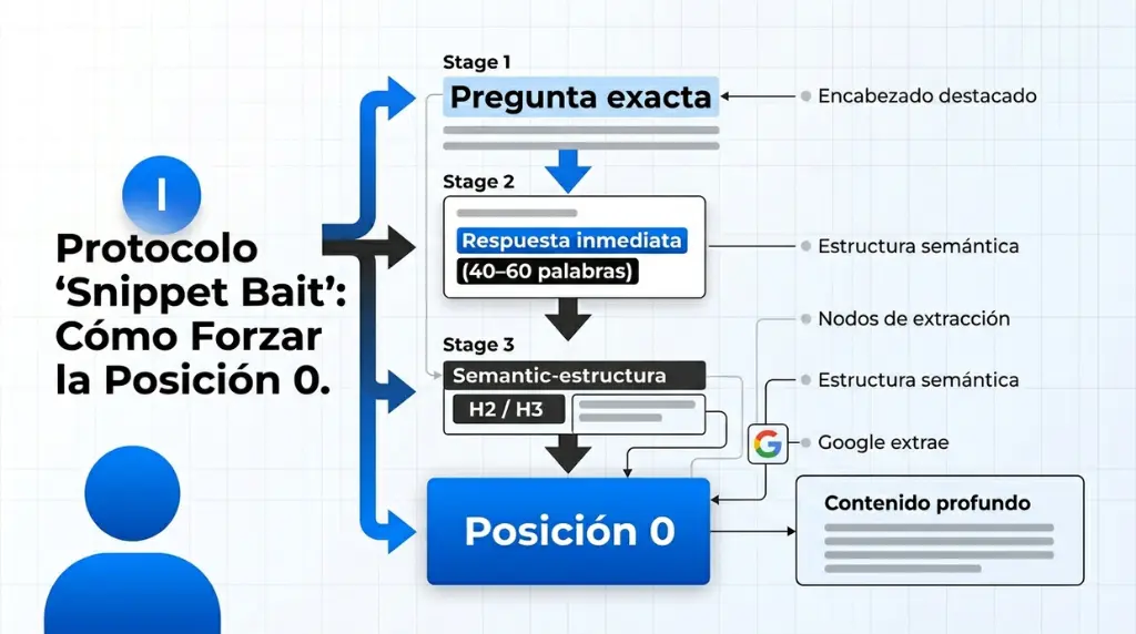 Diagrama del protocolo Snippet Bait para posicionar contenido en la posición 0 de Google