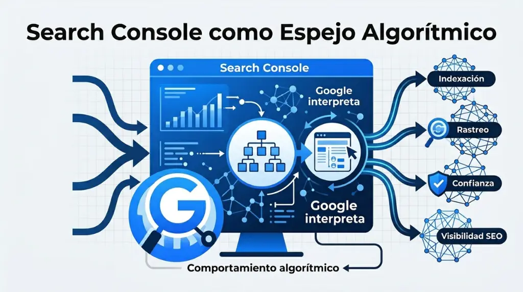 Infografía sobre Google Search Console como herramienta para analizar indexación, rastreo y visibilidad SEO