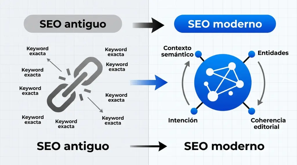Comparativa entre SEO antiguo basado en keywords exactas y SEO moderno centrado en semántica y entidades