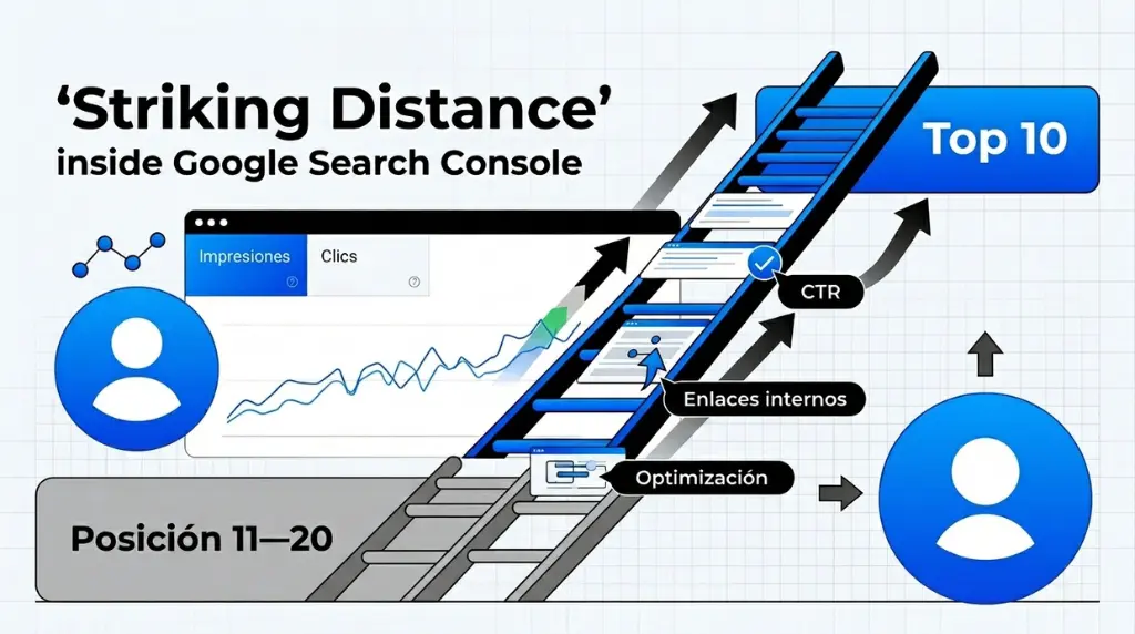 Infografía sobre estrategia SEO Striking Distance para subir posiciones 11 al 20 hacia el Top 10