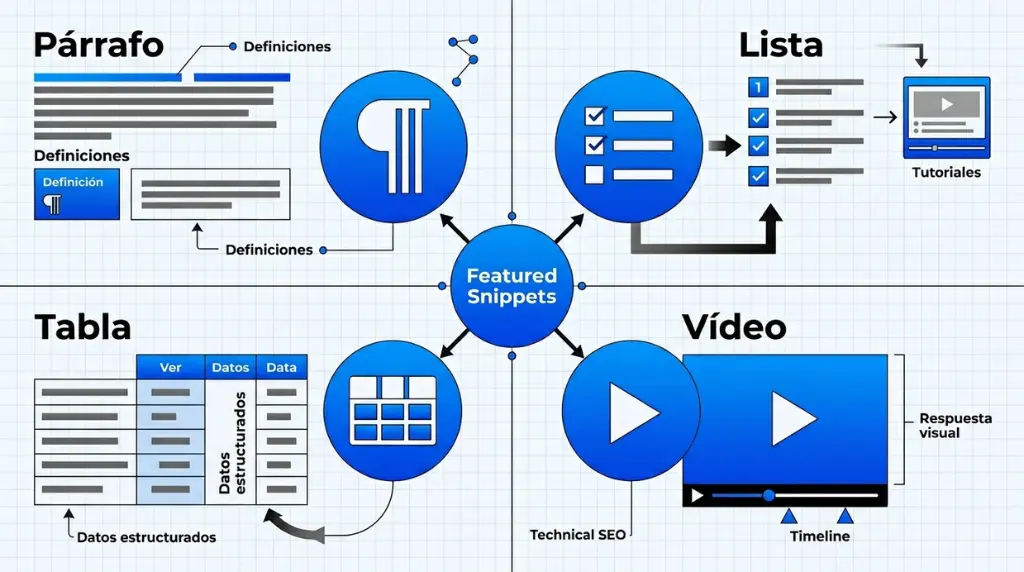 Infografía sobre tipos de featured snippets en Google: párrafo, lista, tabla y video
