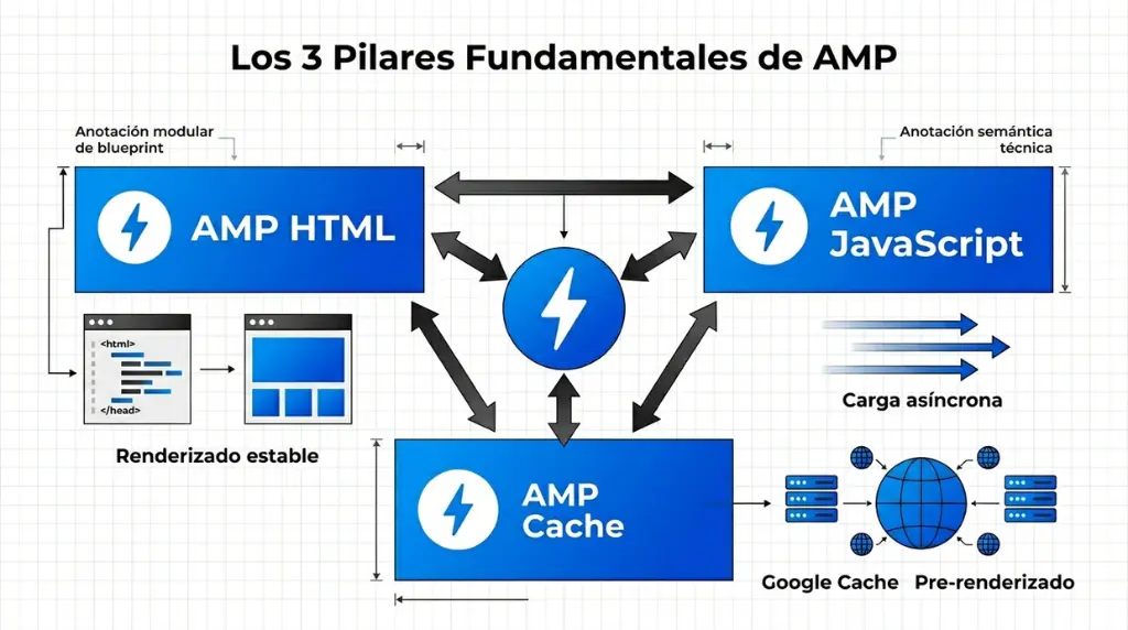 Infografía sobre los tres pilares de AMP: AMP HTML, AMP JavaScript y AMP Cache