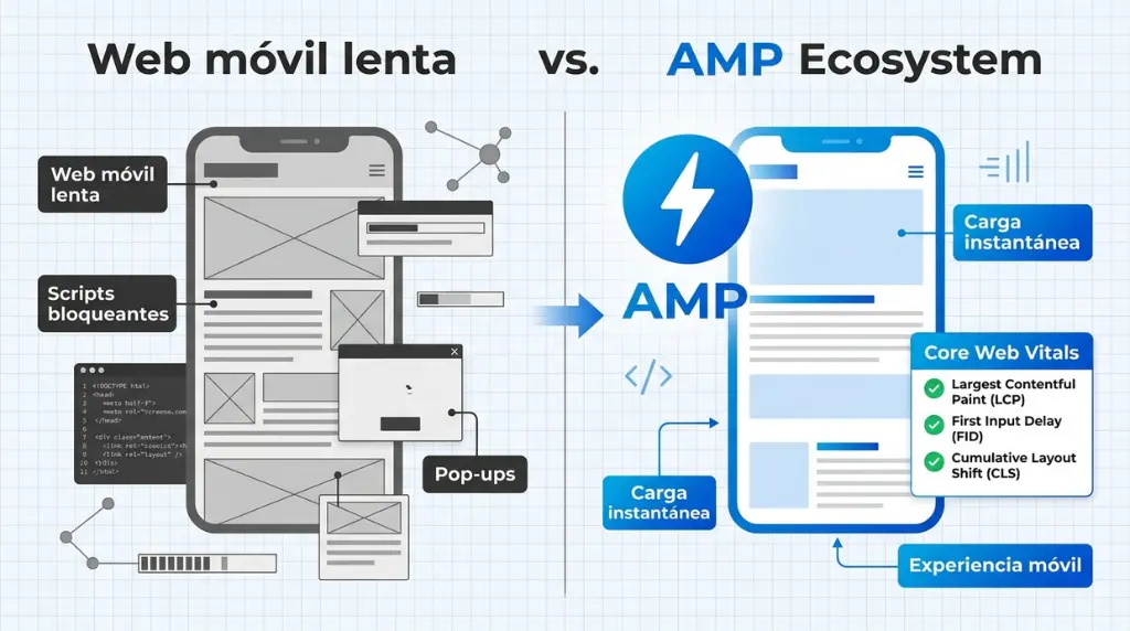 Comparativa entre una web móvil lenta y el ecosistema AMP optimizado para Core Web Vitals